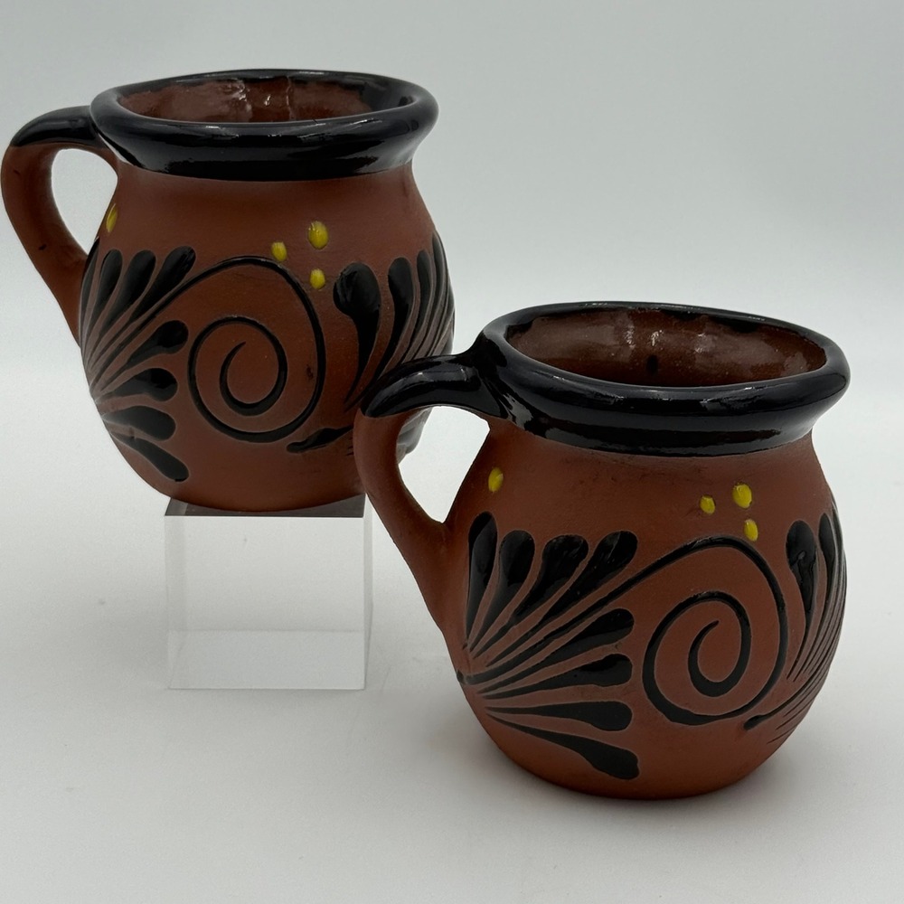 Mexican Pottery Clay Mugs Set of 2 Hand Painted Terracotta Jarritos Folk Art